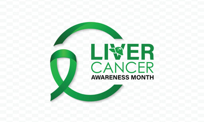 Poster - Liver cancer awareness month. Realistic Emerald Green Color Ribbon Isolated On Transparent Background and white Background. Banner poster, flyer and background design template. Vector illustration .