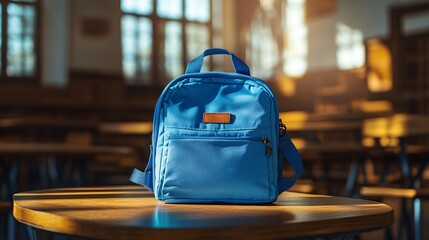 Wall Mural - Bright blue backpack on a classroom table bathed in morning sunlight. Concept: School, Backpacks.