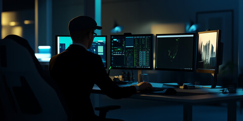 Late at night a security advisor monitors multiple screens and displays-high tech  surveillance, tracking and analysis with advanced technology