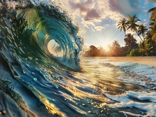 Wall Mural - Large wave crashing on a sandy beach