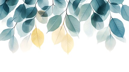 Poster - Translucent Teal and Yellow Leaves on a White Background