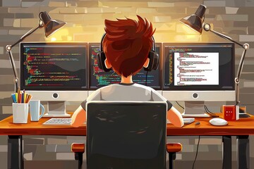 Programmer Working Late at Night on a Coding Project