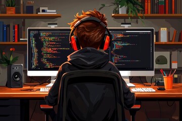 programmer working late at night in a home office