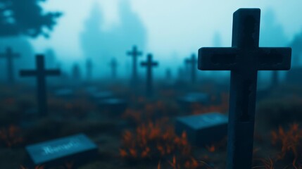 Ghostly graveyard, eerie fog, 3D illustration