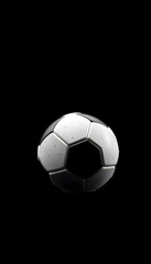 Black soccer ball against black background isolated with white highlights, png