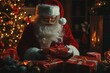 © Kaleb - Santa Claus joyfully wrapping gifts in a cozy room adorned with a festive Christmas tree and warm lights during the holiday season
