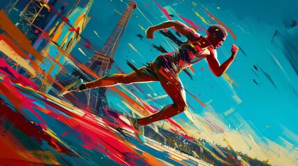 Oil painting style digital illustration of an athlete passing by the Eiffel Tower in an urban Paris environment