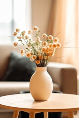 Sticker - Elegant vase with dried flowers placed on a wooden table in a cozy and bright living room for a serene home decor concept.