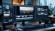 © naphat - semi close-up of a video editor's desk with high-resolution stock footage on a computer screen, various clips displayed, professional editing software interface, warm lighting creating a focused