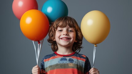 Child stands with balloons in hand and smiling, holiday, fun, elebration