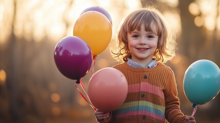 Child stands with balloons in hand and smiling, holiday, fun, elebration