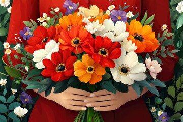 Woman Holding a Vibrant Bouquet of Flowers