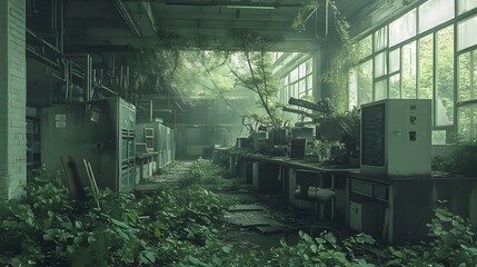 100. **A deserted technology park with abandoned labs and equipment overrun by nature