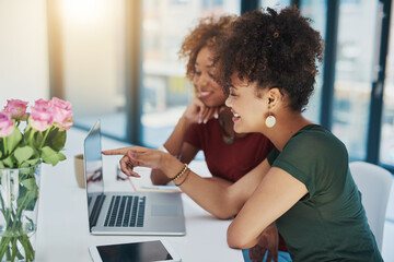 Sticker - Pointing, laptop and smile for project, women or planning in office, web designer or help with idea. Reading, online and discussion of email, brainstorming and together with creative or collaboration