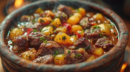 Canvas Print - Closeup of a Clay Pot filled with Beef Stew