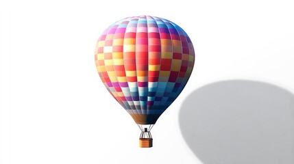 Colorful Hot Air Balloon with a Basket and Shadow on a White Background