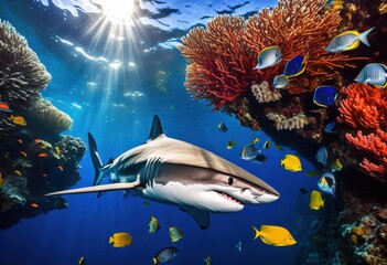 vibrant underwater scene showcasing shark motion pursuing prey amidst coral colorful fish, ocean, marine, blue, wildlife, predator, swimming, aquatic