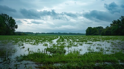 field under flood water agriculture field after torrential rain