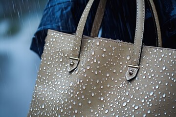 A luxury woman bag under the rain raindrops on fashion handbag, water made splish splash