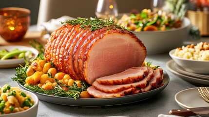 Wall Mural - A beautifully set dinner table featuring a centerpiece of a whole ham, surrounded by sides and decorations