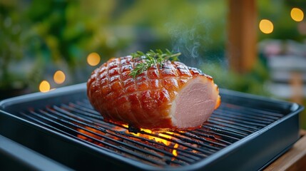 Poster - A ham roasting over an open flame in an outdoor barbecue setting, surrounded by lush greenery