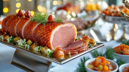 Sticker - A luxurious spread of ham and other meats at a lavish banquet, with ornate decor