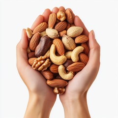 Isolated on a white background, two hands hold a handful of mixed nuts