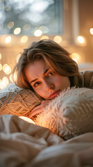 Wall Mural - A woman is laying on a bed with a pillow and a light on