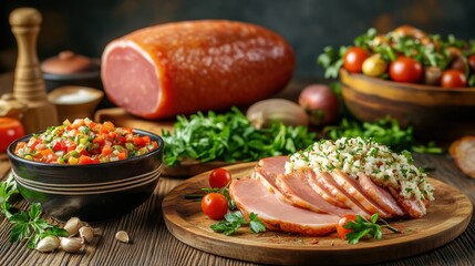 Canvas Print - A traditional kitchen scene with ham curing in the background, with ingredients for a hearty meal in the foreground