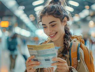 Wall Mural - A woman is smiling and reading a piece of paper