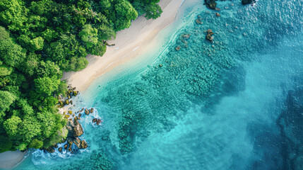 Canvas Print - Serene Aerial View of Tropical Island Paradise with Sandy Beach and Crystal Clear Blue Waters