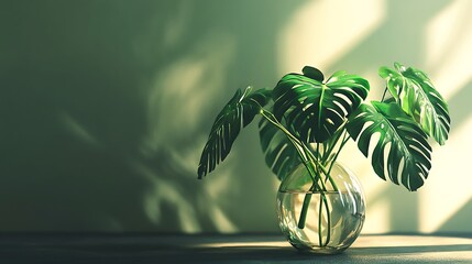 Sticker - Monstera Deliciosa Plant in a Glass Vase with Sunlight Streaming Through a Window