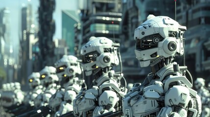 Advanced military robots stand in formation, preparing for action in a futuristic city environment