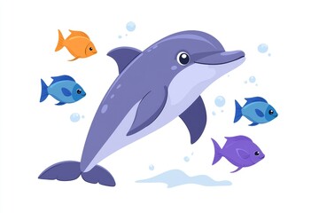 Wall Mural - Cartoon Dolphin Swimming with Fish