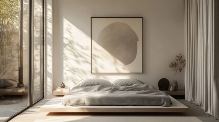 Canvas Print - A minimalist bedroom with white walls, a low platform bed with soft grey linens, and a large abstract art frame on the wall, illuminated by warm ambient light.