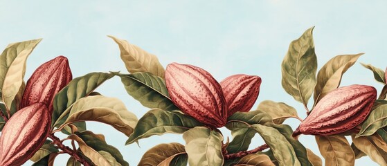 beautiful botanical illustration featuring vibrant cocoa pods among lush green leaves on a soft past