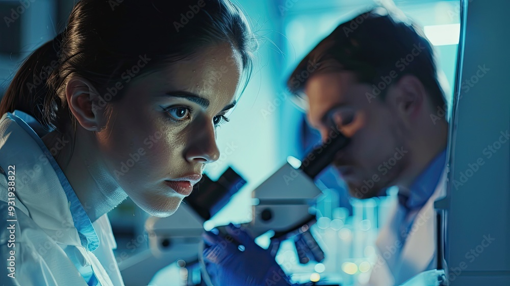 Lab Testing Supervision Attractive young female scientist and her male supervisor pipetting and ...