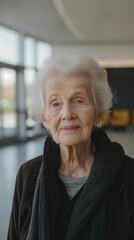 Smiling elderly woman in hospital reception close-up portrait in modern bright hallway