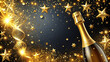 © ThomasStockArt - Celebration background with golden champagne bottle, confetti stars and party streamers. Christmas, birthday or wedding postcard design
