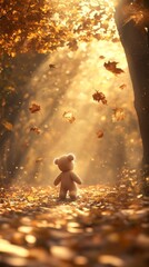 Canvas Print - Teddy bear walking down path covered in autumn leaves