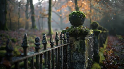 Wall Mural - Old rusty metal fence overgrown with moss and greenery