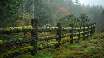 Wall Mural - An old wooden fence overgrown with moss and greenery