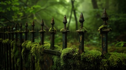 Wall Mural - Old rusty metal fence overgrown with moss and greenery