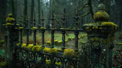 Wall Mural - Old rusty metal fence overgrown with moss and greenery