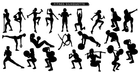 collection of fitnes silhouettes in different posses clipart vector illustrator