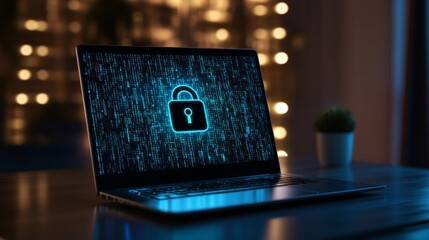 Laptop showing lock icon over binary code background on screen