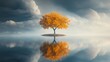 © Denys - Golden tree reflecting in calm water under cloudy sky