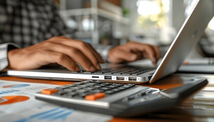 Wall Mural - Person working on laptop with calculator.