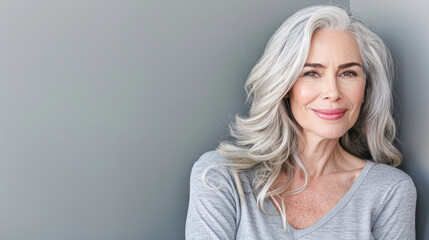 Poster - Radiant Middle-Aged Woman with Silvery Hair and Glowing Skin on Gray Background Copy Space. Beauty and Skin Care Concept.