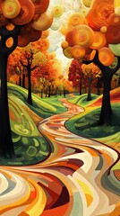 Wall Mural - Colorful path winding through a surreal autumn forest